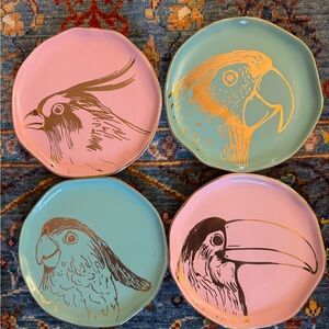 Arlington designs set of 4 aqua and pink w/gold accents tropical bird plates